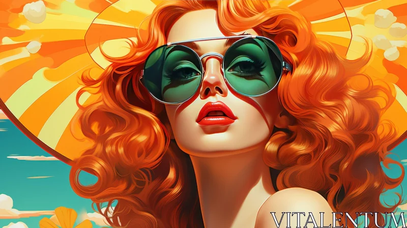 Stylish Woman Portrait with Red Hair and Sunglasses AI Image