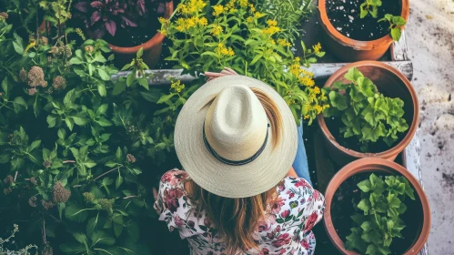 Tranquil Garden Moment - Woman in Straw Hat and Floral Shirt