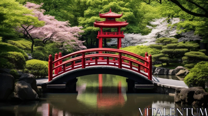 Tranquil Japanese Garden Scene with Red Bridge AI Image