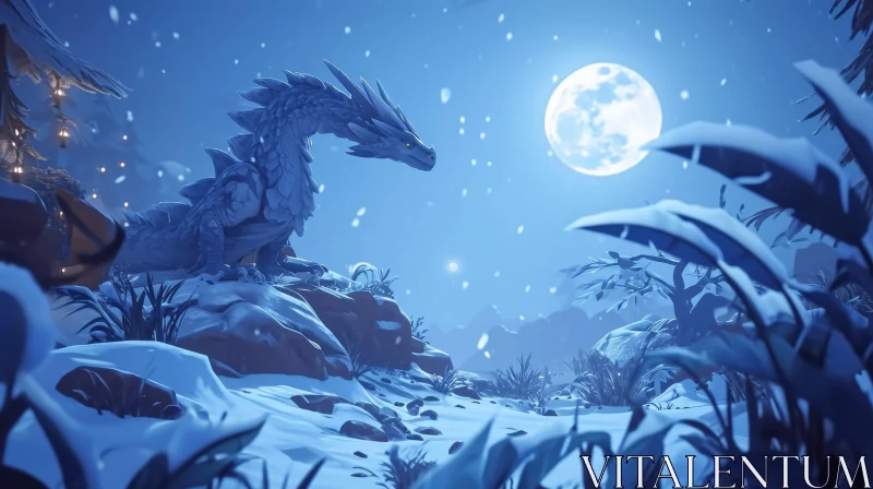White Dragon in Snowy Landscape - Moonlit Fantasy Scene AI Image