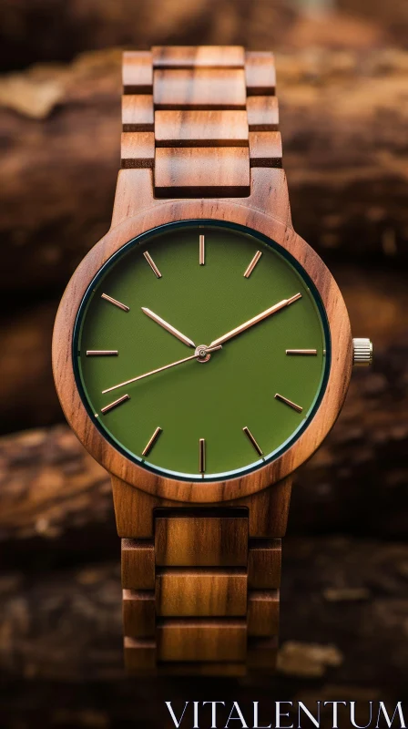 Wooden Watch with Green Dial - Close-up Fashion Photography AI Image