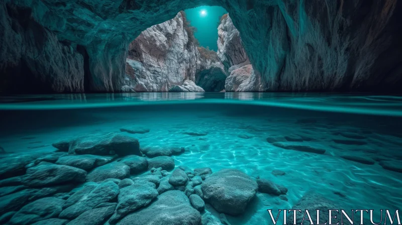 Crystal Clear River Cave Landscape AI Image