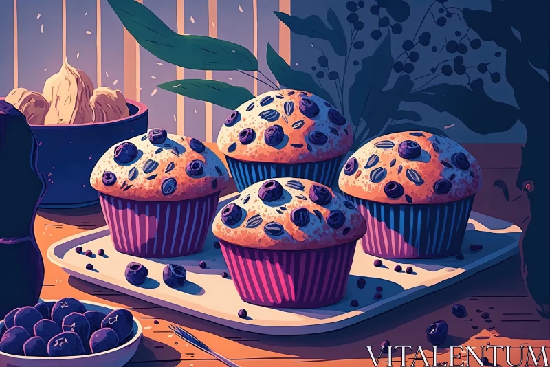 Delicious Muffins on a Tray with Fruits - Dark Violet and Light Navy Illustration AI Image