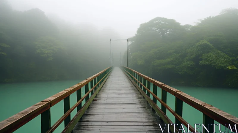 Enigmatic Wooden Bridge Over Tranquil River AI Image