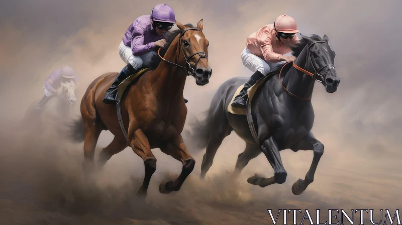 Exciting Horse Race: Jockeys Competing on Dirt Track AI Image
