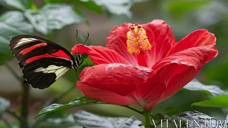 Exquisite Butterfly on Red Hibiscus Flower AI Image
