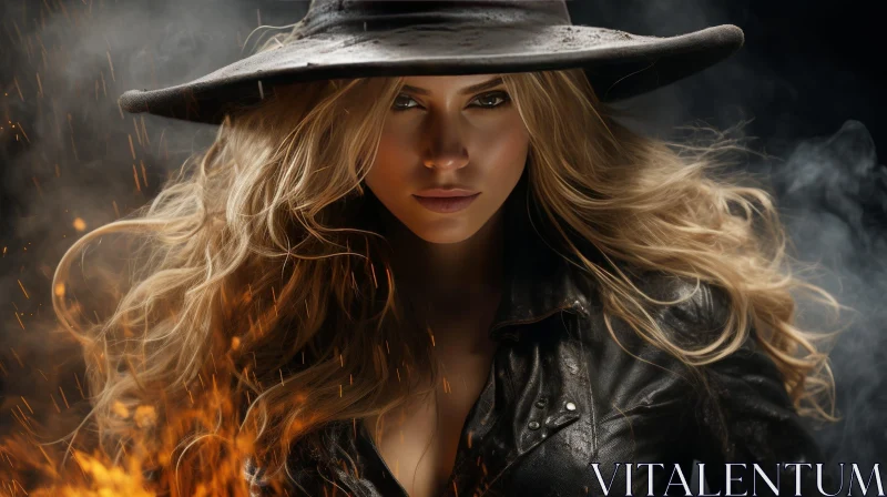 Fashion Portrait: Young Woman in Black Leather Hat and Jacket with Fiery Background AI Image