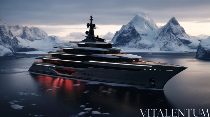 AI ART Luxurious Yacht in Snow-Capped Mountains Bay
