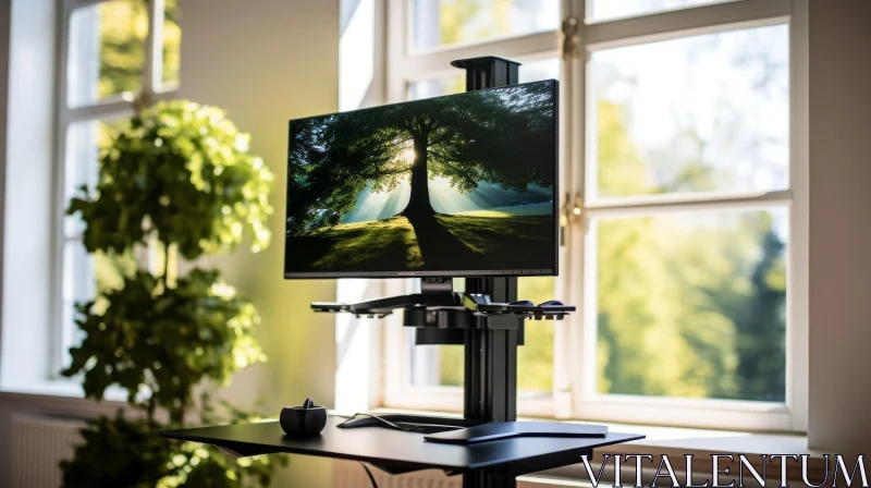 Modern Ergonomic Desk with Large Monitor in Bright Room AI Image