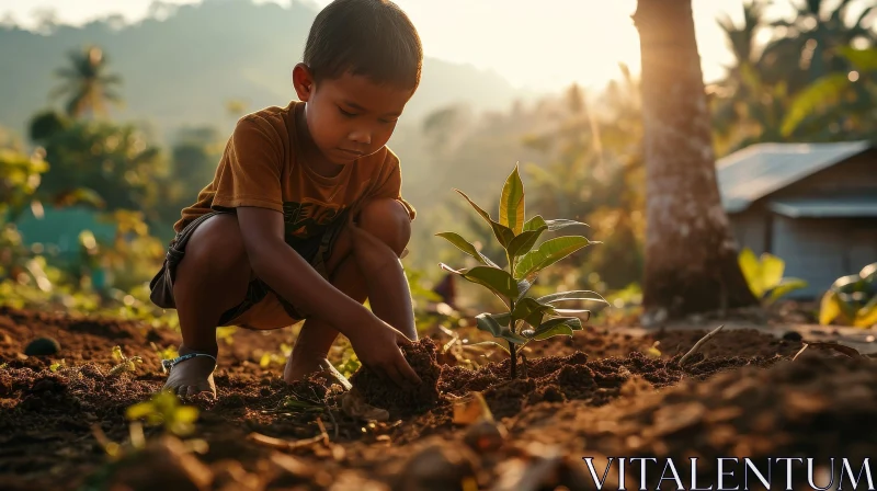 AI ART Young Boy Planting Tree in Forest under Sunlight