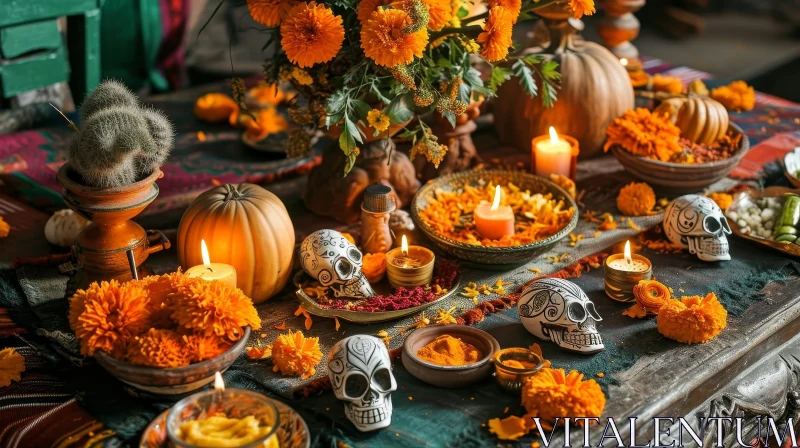 Dia de los Muertos Altar with Marigolds and Candles AI Image