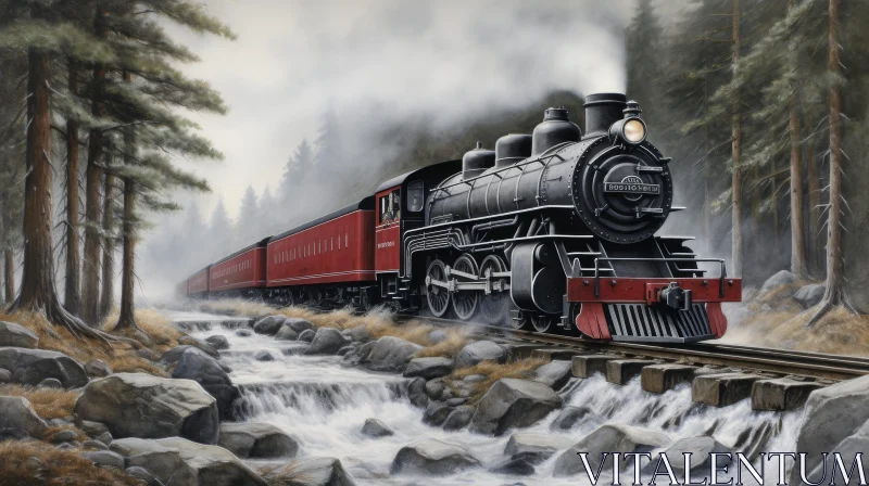 AI ART Enchanting Forest Train Crossing Painting