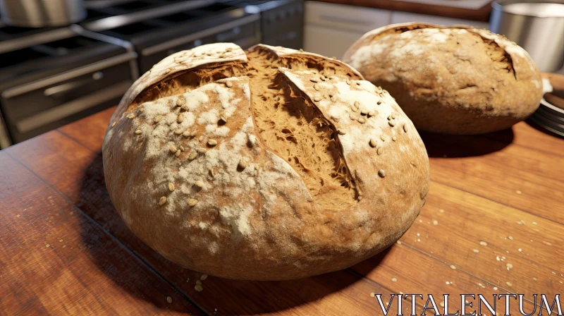 Golden-Brown Loaves of Bread on Wooden Table AI Image