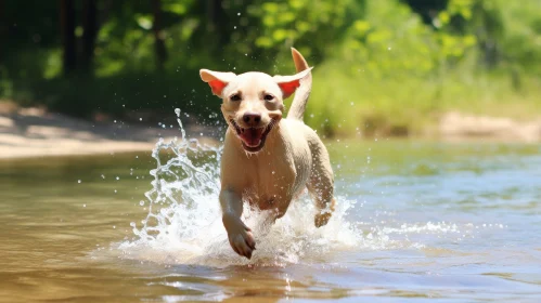 Happy Labrador Retriever Running in River