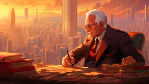 Senior Man in Office Writing at Desk with Cityscape View