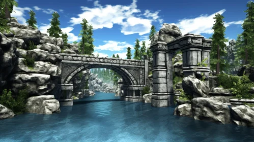 Stone Bridge Over River: 3D Rendering Nature Scene