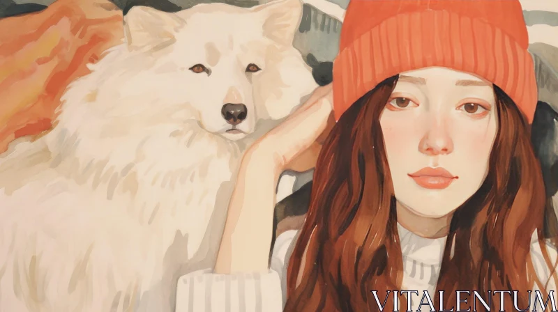 AI ART Young Woman with Dog - Ethereal Watercolor Painting