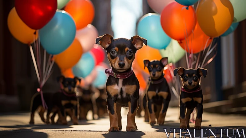 Adorable Puppies Walking in City with Colorful Balloons AI Image
