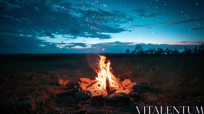 Bonfire Burning in Field at Night AI Image
