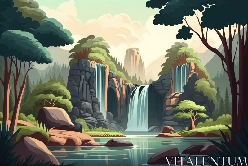 Captivating Cartoon Landscape with a Stunning Waterfall AI Image