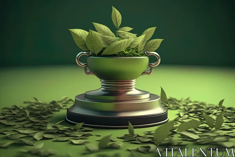 Captivating Silver Trophy with Green Leaves and Potted Plants AI Image
