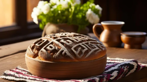 Intricate Bread Loaf on Wooden Table
