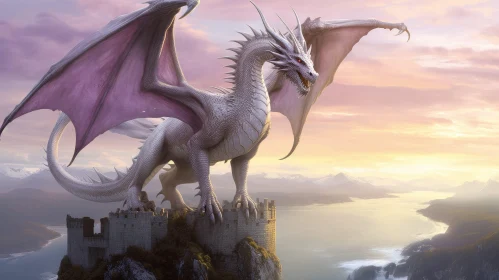 Majestic White Dragon on Castle Tower - Fantasy Digital Art