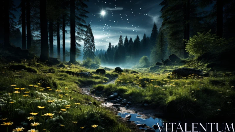 Night Forest Landscape with Moon and Stream AI Image