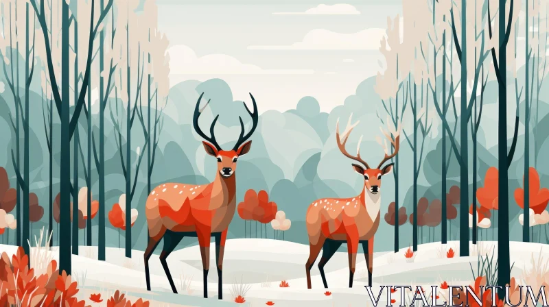 AI ART Red Deer in Snowy Forest Vector Illustration