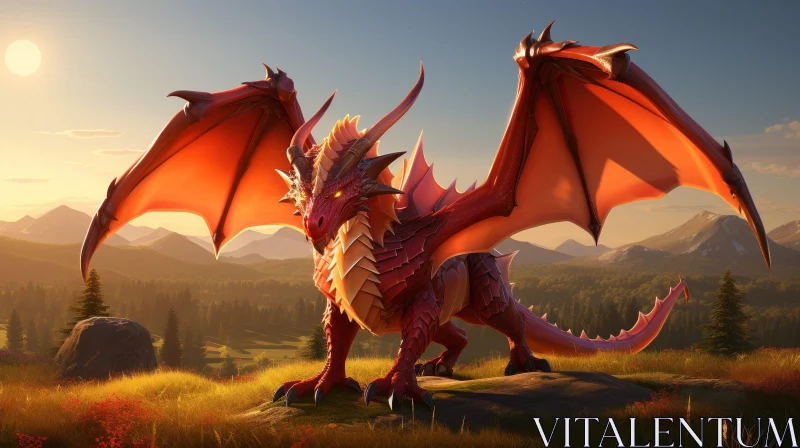 Red Dragon in Mountainous Landscape - Digital Painting AI Image