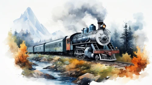 Scenic Watercolor Painting of a Chugging Steam Train