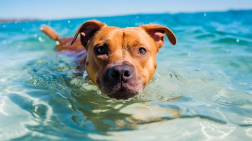 Brown Pit Bull Terrier Swimming in Ocean