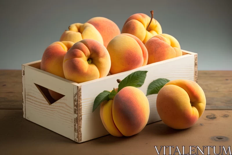 Captivating Peaches in a Wooden Box on a Wood Table AI Image