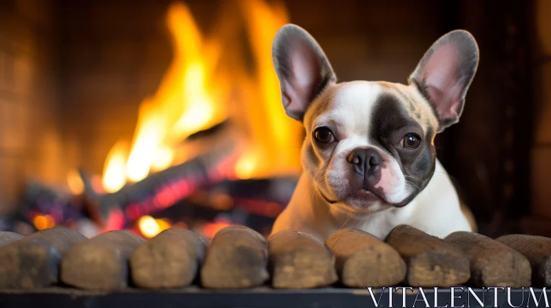 Cozy French Bulldog by Fireplace AI Image
