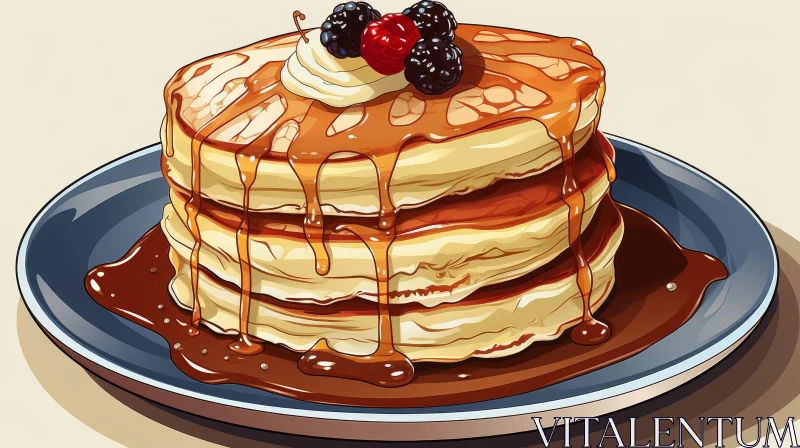 Delicious Pancakes with Syrup and Berries - Digital Illustration AI Image