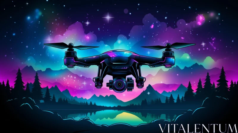 Drone Flying Over Mountain Lake - Retro-Futuristic Artwork AI Image