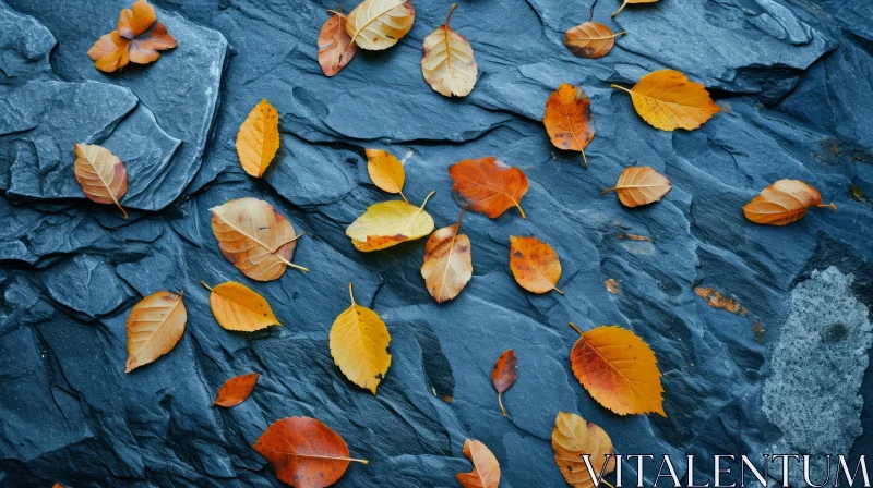Fallen Autumn Leaves on Dark Blue Slate Rock AI Image