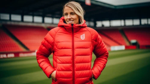 Female Soccer Player in Red Puffer Jacket at Empty Stadium