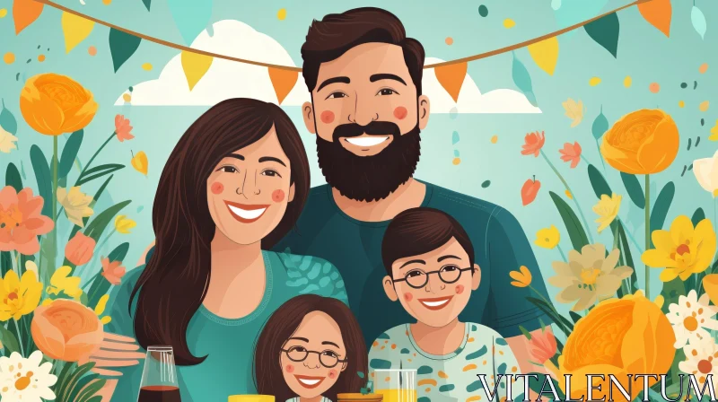 Happy Family Cartoon on Blue Floral Background AI Image