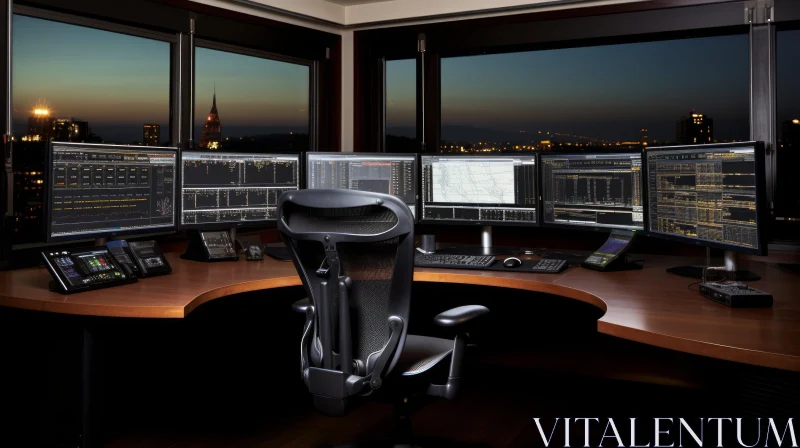 Modern Workplace with Computer Monitors and City View AI Image