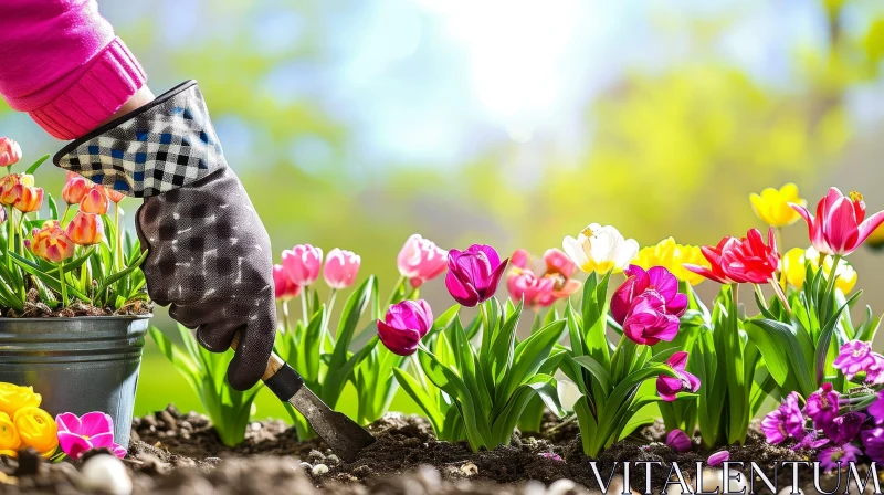 Pink Glove Gardener Planting Tulips - Nature Image AI Image