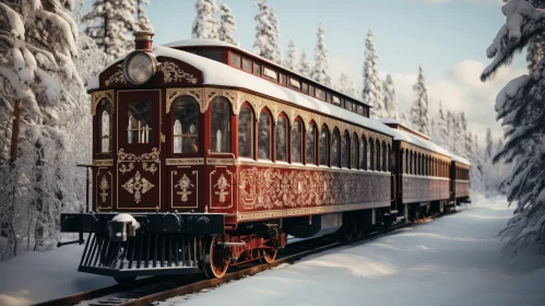 Red and Gold Luxury Train in Snowy Forest