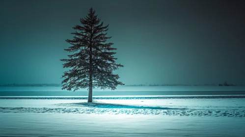Solitary Spruce Tree on Frozen Lake
