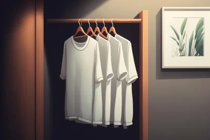 White T-Shirts Hanging in Closet - Cartoon Realism and Dramatic Lighting