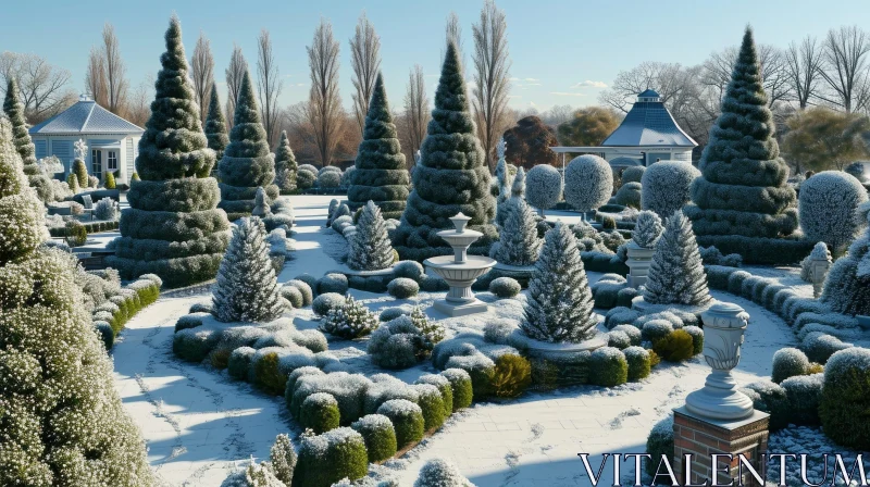 Winter Formal Garden Snow Scene AI Image