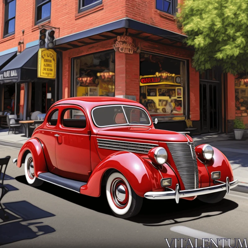 Captivating Realistic Street Scene with an Old Red Car AI Image
