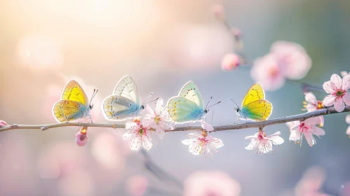 Enchanting Spring Scene with Colorful Butterflies and Cherry Blossoms