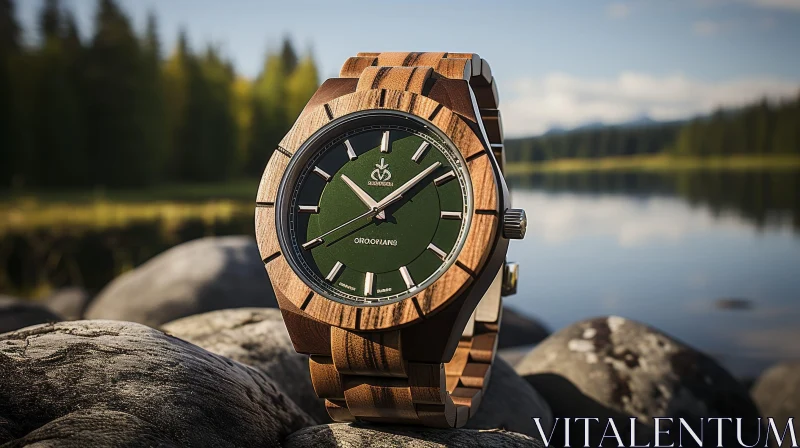 Exquisite Wooden Wristwatch by the Lake AI Image