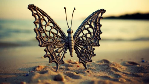 Intricate Metal Butterfly Sculpture on Sandy Beach