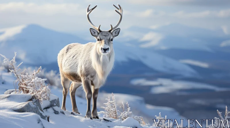 AI ART Majestic Reindeer on Snow-Covered Mountaintop